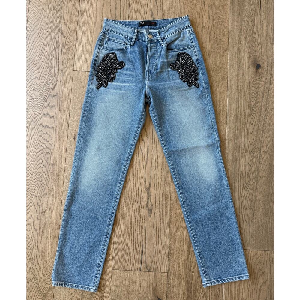 3x1 NYC Burke Beaded Boyfriend Jeans Sz 26 Made USA Light Wash Designer Denim